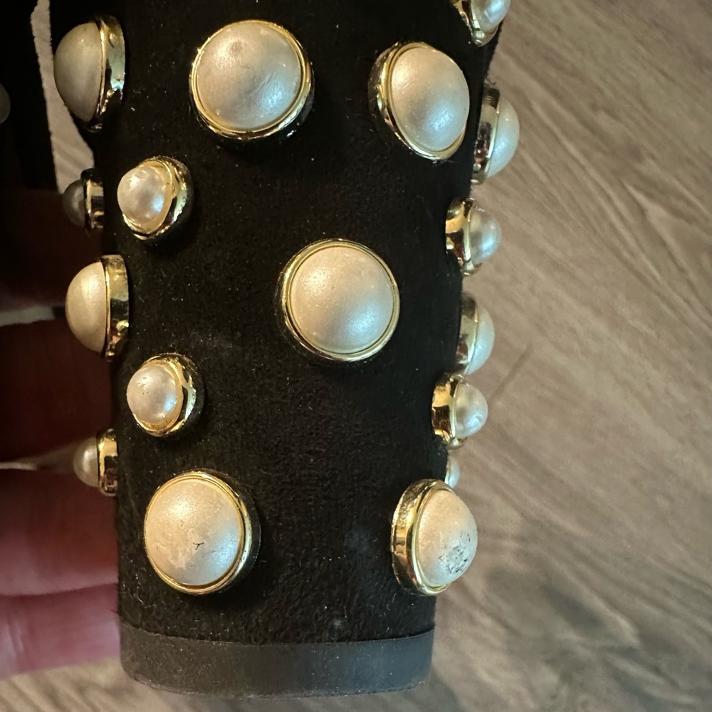Stuart Weitzman nearlynude nudist more pearls chunky heel black suede 7 - Picture 7 of 12